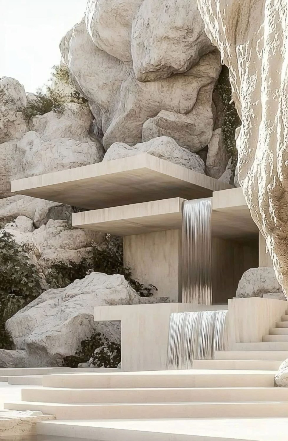Travertine pavilion set into a rock face beside a waterfall